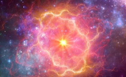 An artist's impression of an exploding supernova in space. Image: Adobe. A graphic showing a space background with colourful rings.